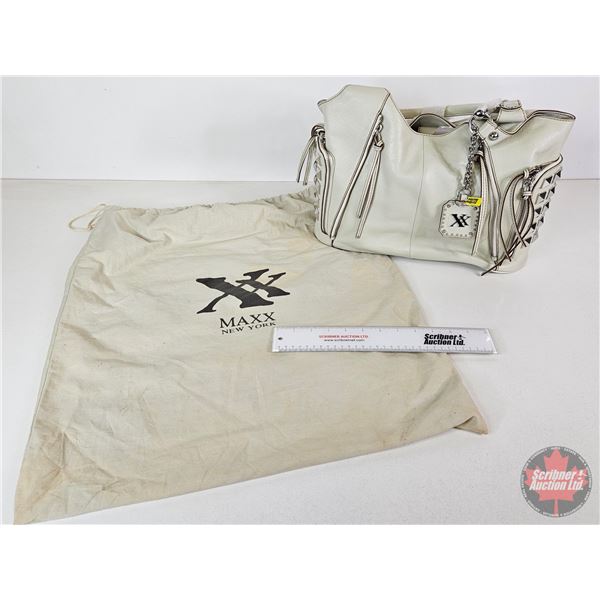 Designer Purse : MAXX New York : Leather : Ivory (New Old Stock) c/w Cloth Storage Bag  (10"H x 15"W