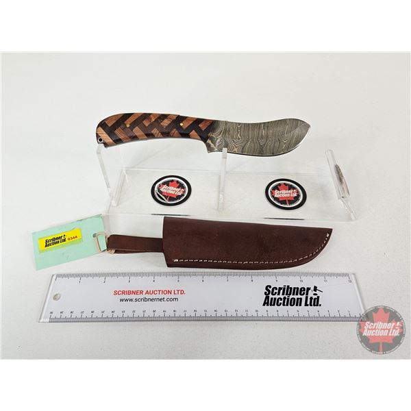 KNIFE : w/ Sheath (Consignor Tag) Damascus Skinning Knife Patterned Wood Handle Leather Sheath (Tota
