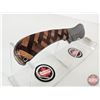 Image 3 : KNIFE : w/ Sheath (Consignor Tag) Damascus Skinning Knife Patterned Wood Handle Leather Sheath (Tota