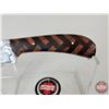 Image 6 : KNIFE : w/ Sheath (Consignor Tag) Damascus Skinning Knife Patterned Wood Handle Leather Sheath (Tota
