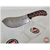 Image 8 : KNIFE : w/ Sheath (Consignor Tag) Damascus Skinning Knife Patterned Wood Handle Leather Sheath (Tota