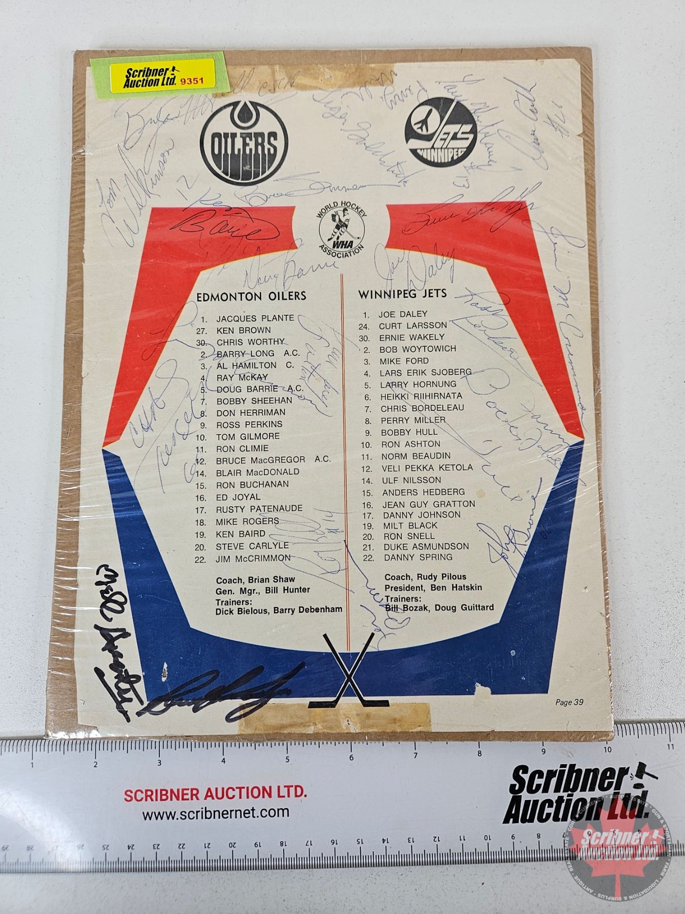 Autographed 1974-1975 WHA Oilers vs. Jets Roster - Bobby Hull - Bryan ...