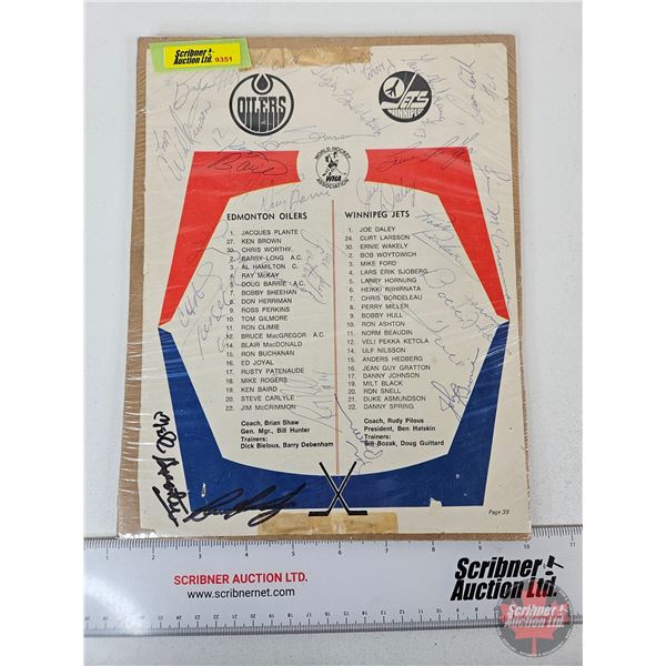 Autographed 1974-1975 WHA Oilers vs. Jets Roster - Bobby Hull - Bryan Hall - Dave Cutler - Ross Perk
