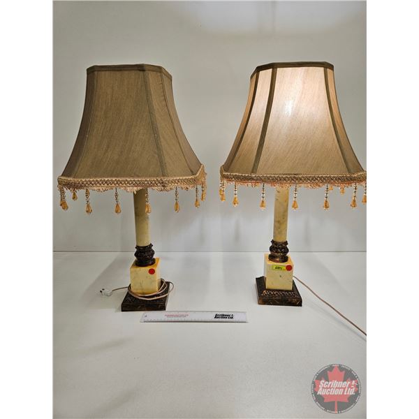 Pair of Marble Table Lamps with Fringe (28"H)