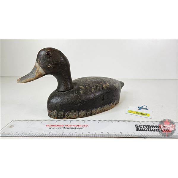 Wooden Duck Decoy  (Consignor Tag ~ Blue Bill Hen from Peterborough , ON)  (Measures : 6"H x 5"W x 1