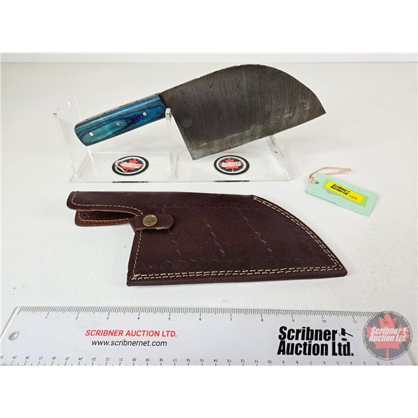 CLEAVER : (Consignor Tag ~ Damascus Cleaver w/Blue Laminated Handle and Leather Sheath (Total Length