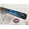 Image 7 : CLEAVER : (Consignor Tag ~ Damascus Cleaver w/Blue Laminated Handle and Leather Sheath (Total Length