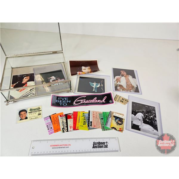 Bevelled Glass Display Case w/Variety of Elvis Ephemera including Sticker, Photographs, Repro Ticket
