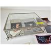 Image 7 : Bevelled Glass Display Case w/Variety of Elvis Ephemera including Sticker, Photographs, Repro Ticket