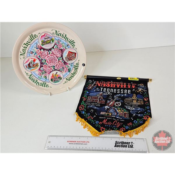 Nashville Souvenir Tin Tray (1960s) & Felt Hanging Banner (Tray : 11-1/2"Dia)