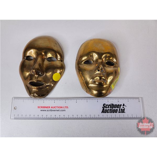 Brass Ornamental Masks (2)  (Largest Measures : 6-1/2"H x 4-1/2"W x 2"D)