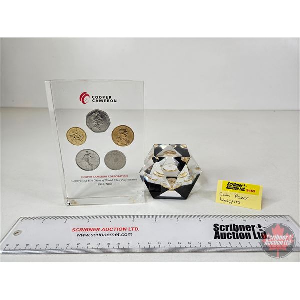 Lucite Coin Paper Weights (2) :  - 1972 Gold Plated US Penny - "Cooper Cameron" 5 Coins (6"H x 4"W)