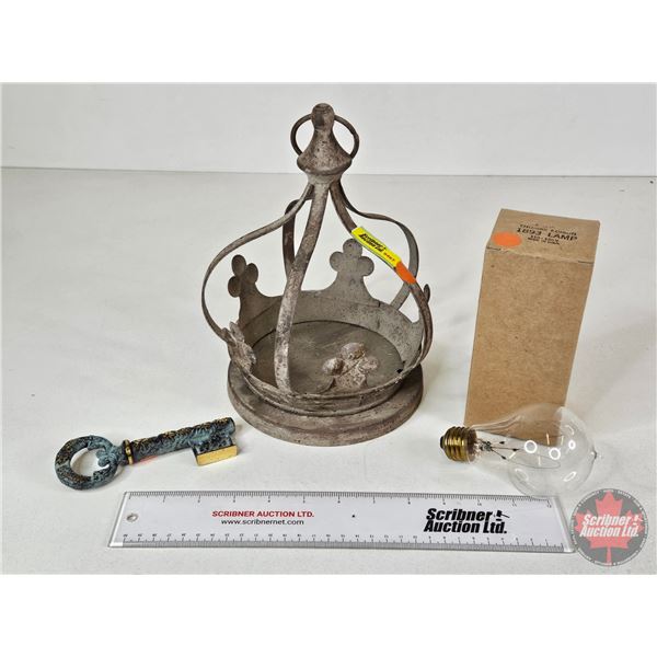 Collector Combo (3) :  - Tin Decorative Crown - Replica Thomas Edison 1893 Lamp Bulb - Cork Screw Ke