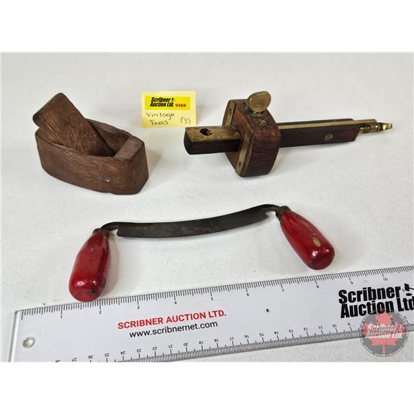 Vintage Tool Trio :  - Rosewood Carpenters Marking Gauge - Mini Wood Plane  - Small Draw Knife