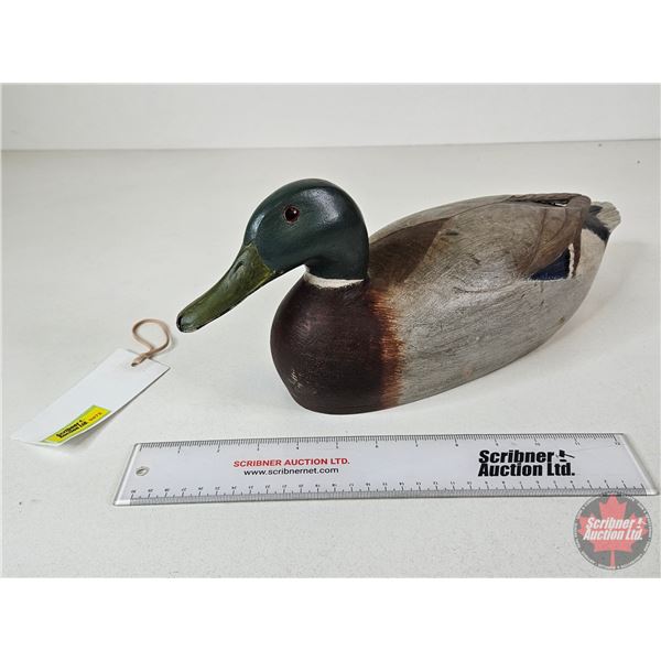 Wooden Duck Decoy  (Consignor Tag ~ Hollow Carved Mallard Drake : Vick Peck : Trenton, ON 1960)  (Me
