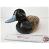 Image 10 : Wooden Duck Decoy (Consignor Tag ~ Bluebill Hen : Working Decoy : Found in Quebec : Glass Eyes)  (Me