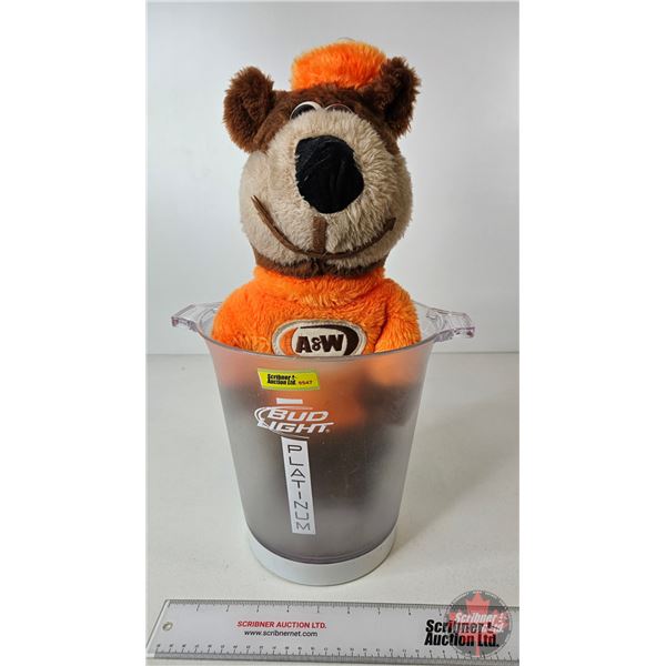 Bud Light Platinum Light Up Bucket (No Batteries) w/A&W Rootbeer Plush Bear (Bucket : 9-1/4"H)