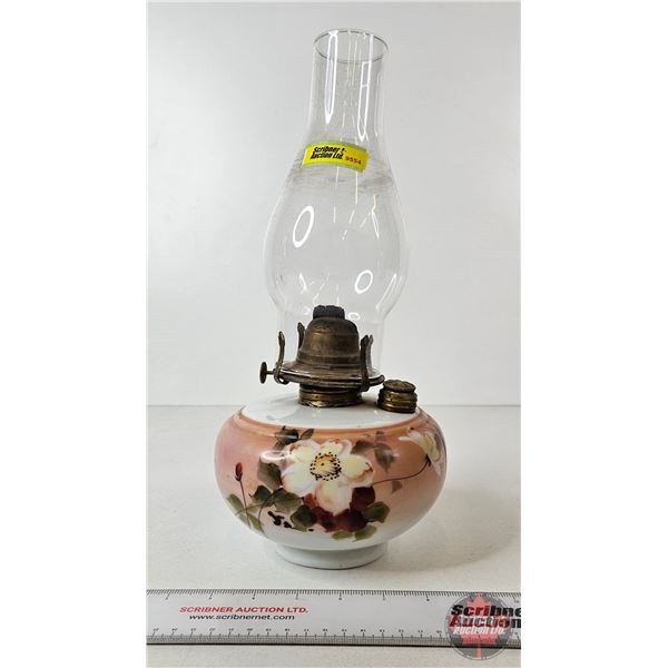 Oil Lamp : Painted Font w/White Flame Burner  (Total Height w/Chimney : 14"H)