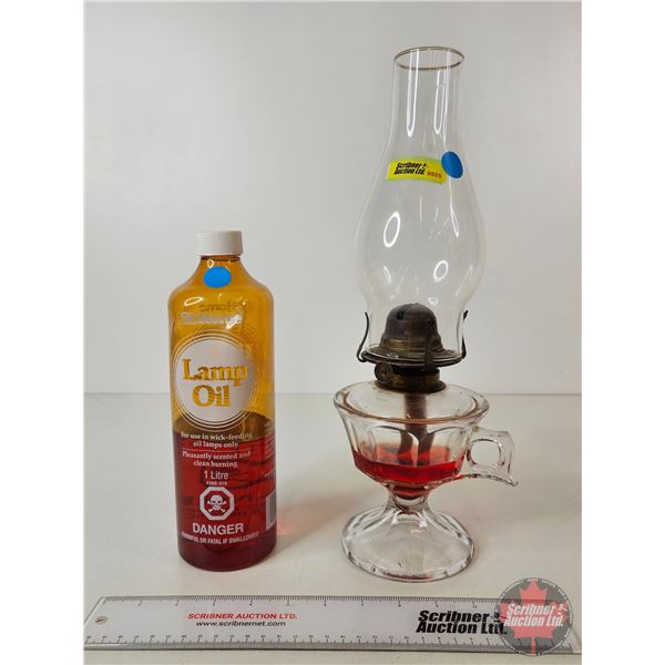 Finger Oil Lamp : Clear Font w/White Flamer Burner c/w Half Bottle Lamp Oil (Total Height w/Chimney 