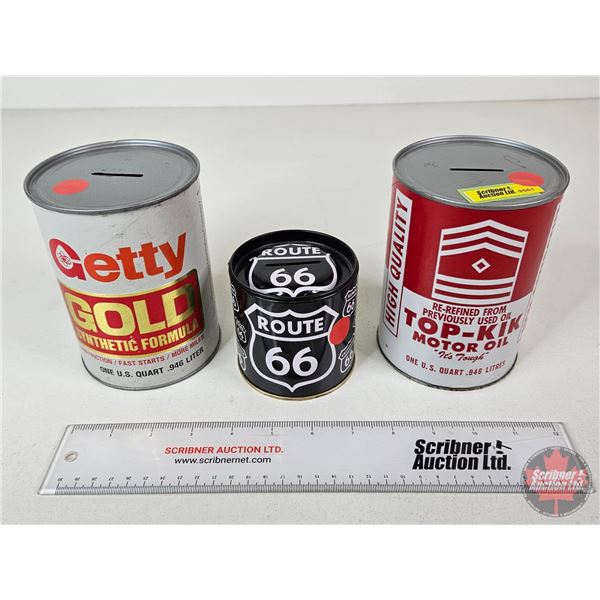 Coin Banks (3) : Getty Gold, Top-Kik & Route 66 (Largest Measures : 5-1/2"H x 4"Dia)