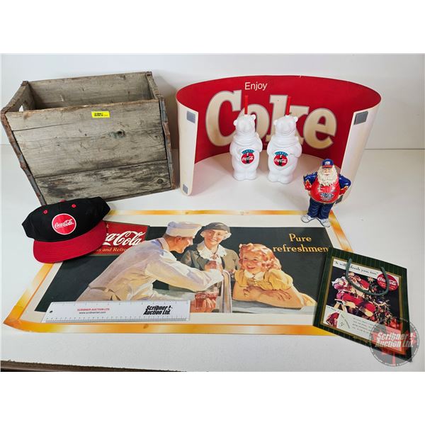 Coca-Cola Collector Combo :  - Hat - Polar Bear Drink Bottles - Poster  - Banner  - etc c/w Wooden C
