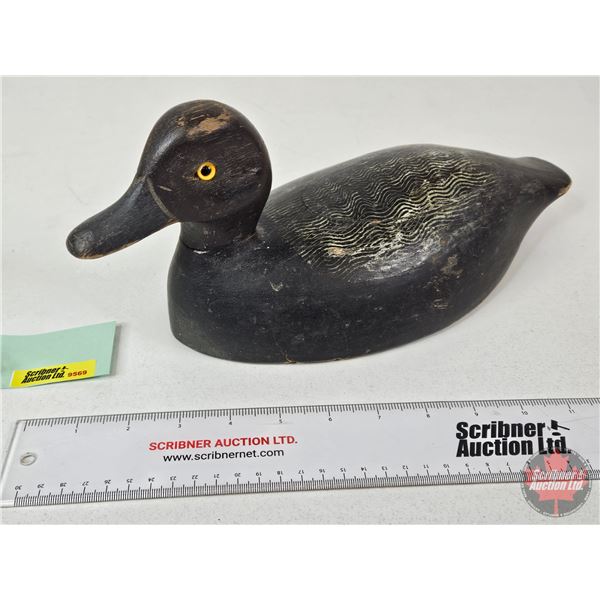 Wooden Duck Decoy (Consignor Tag ~ Bluebill Hen : Working Decoy : Glass Eyes : c.1950) (Measures : 6