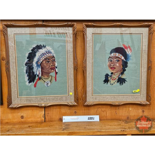 Framed Petit Point (2) : Native Chief & Bride (Measures : 27-1/2"H x 23-1/4"W)