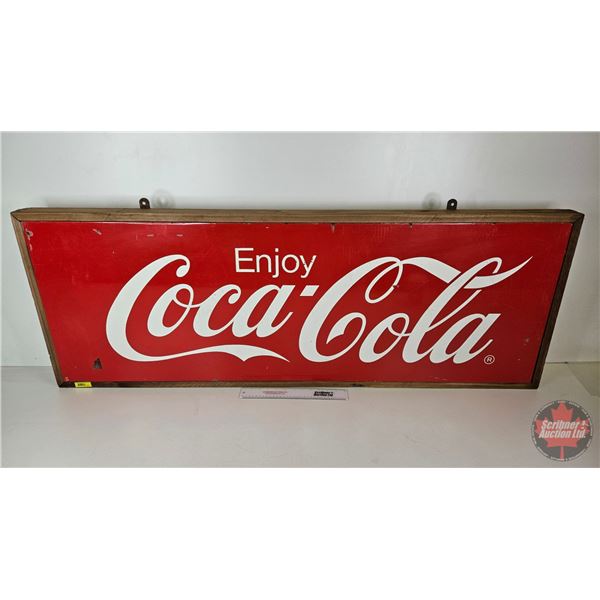 Single Side Porcelain Sign in Frame : Enjoy Coca-Cola  (Measures : 22"H x 56-1/2"W x 2-1/2"D)