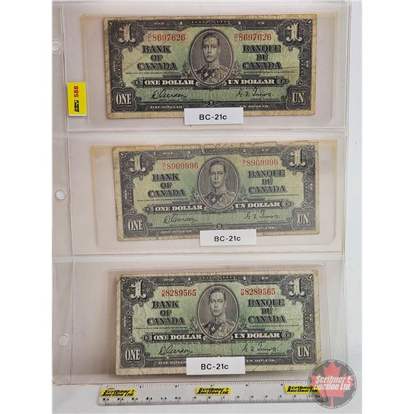 Bank of Canada $1 Bills 1937 (3): ~ Gordon/Towers : #DL8697626 ~ Gordon/Towers : #RL8909996 ~ Gordon