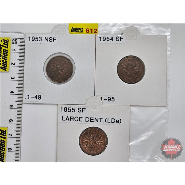 Canada One Cent (3): 1953; 1954; 1955 (Consignor Tags: NSF; SF; SF)