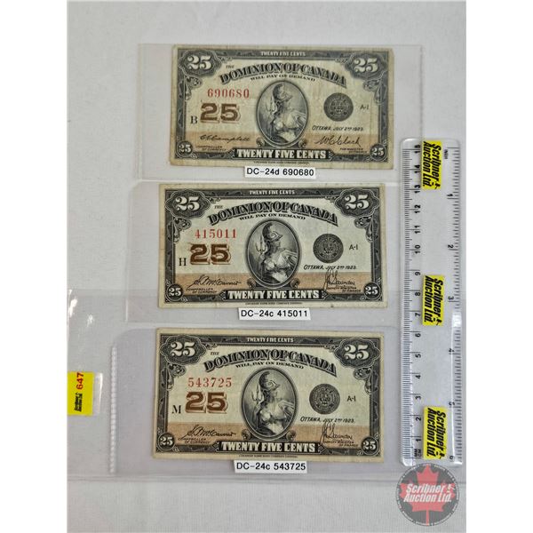 Dominion of Canada Twenty Five Cent 1923 "Shinplaster" (3) : ~ McCavour/Saunders #415011 ~ McCavour/