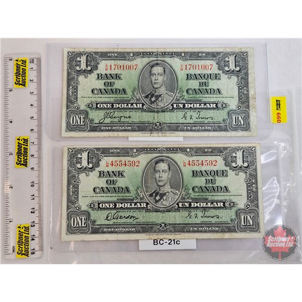 Bank of Canada $1 Bills 1937 (2): ~ Gordon/Towers : #LM4554592 ~ Coyne/Towers : #XM1701007