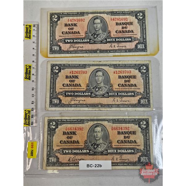 Bank of Canada $2 Bills 1937 (3): ~ Gordon/Towers : #YB6634392 ~ Coyne/Towers : #JR1263703 ~ Coyne/T
