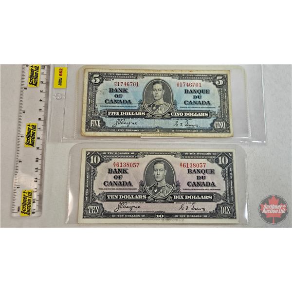 Bank of Canada Bills 1937 (2) :  ~ $5 Bill : Coyne/Towers #HS1746701 ~ $10 Bill : Coyne/Towers #AT61