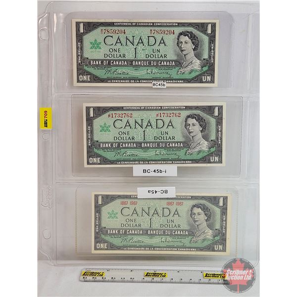 Canada $1 Bills 1967 (3): ~ Beattie/Rasminsky #MO7859204 ~ Beattie/Rasminsky #JP1732762 ~ Beattie/Ra