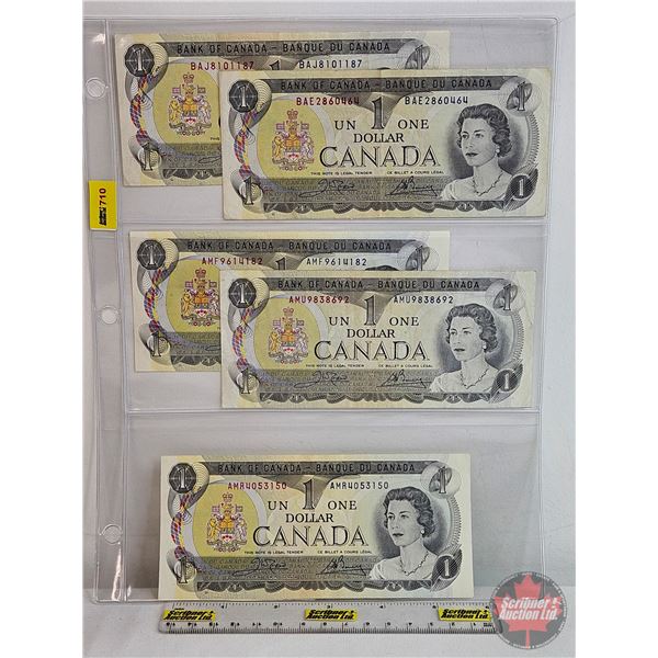 Canada $1 Bills 1973 (5): ~ Crow/Bouey #BAE2860464 ~ Crow/Bouey #BAJ8101187 ~ Crow/Bouey #AMF9614182