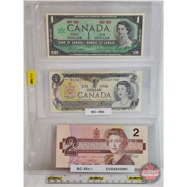 Canada Bills (3): ~ 1967 $1 : Beattie/Rasminsky # 1867 1967 ~ 1973 $1 : Crow/Bouey #BCC6211447 ~ 198