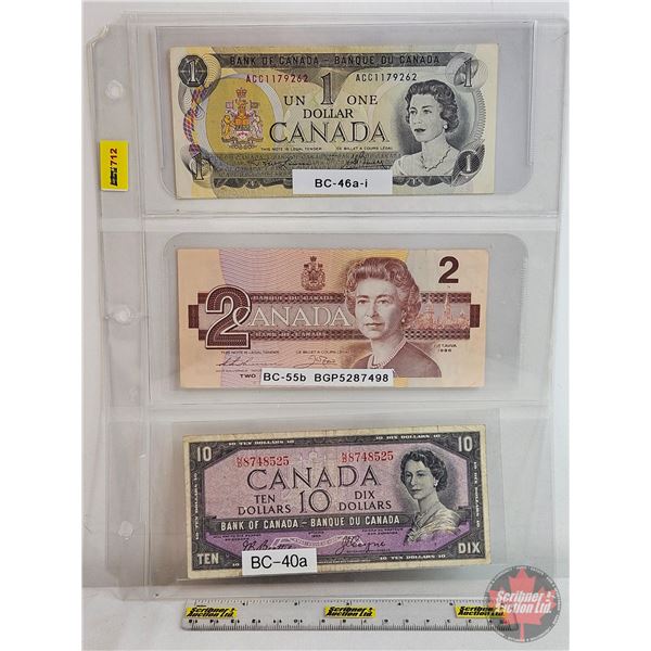 Canada Bills (3): ~ 1973 $1 : Lawson/Bouey #ACC1179262 ~ 1986 $2 : Thiessen/Crow #BGP5287498 ~ 1954 