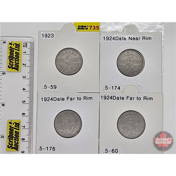 Canada Five Cent (4): 1923; 1924; 1924; 1924 (Consignor Tag: 1924 Date Near Rim ; 1924 Date Far to R