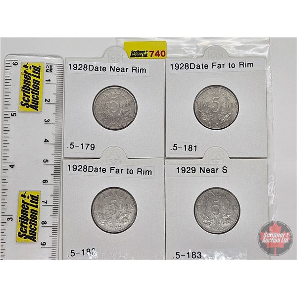 Canada Five Cent (4): 1928; 1928; 1928; 1929 (Consignor Tag: 1928 Date Near Rim ; 1928 Date Far to R