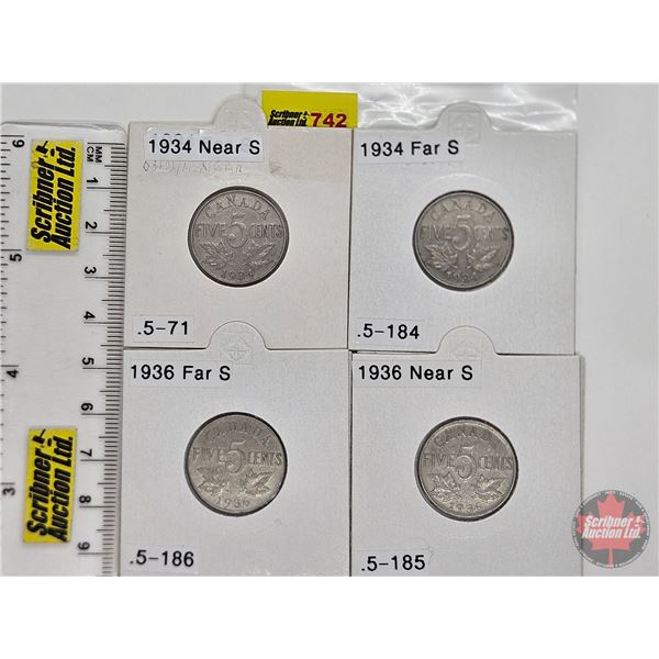 Canada Five Cent (4) : 1934; 1934; 1936; 1936 (Consignor Tag: 1934 Near S; 1934 Far S; 1936 Far S; 1