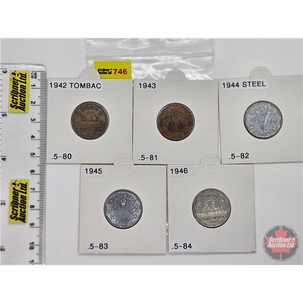 Canada Five Cent (5): 1942; 1943; 1944; 1945; 1946 (Consignor Tag: 1942 Tombac; 1944 Steel)