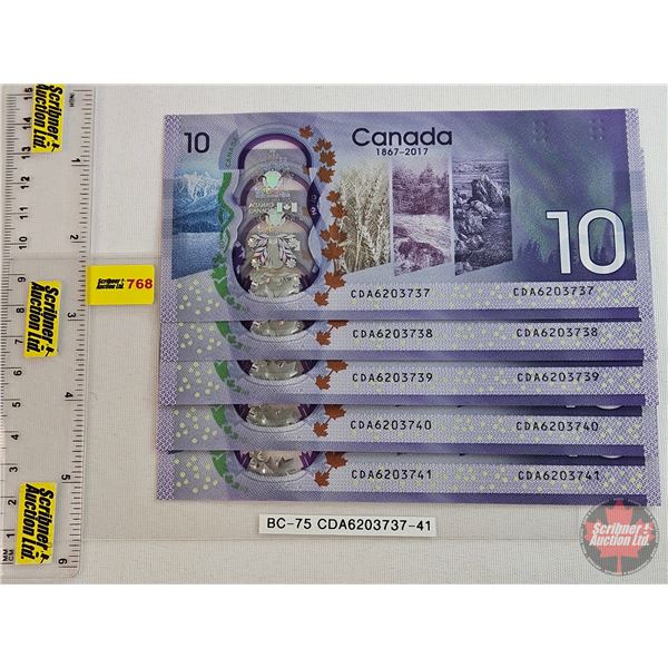 Canada $10 Bills (5 Consecutive) : Wilkins/\Poloz #CDA6203737-741