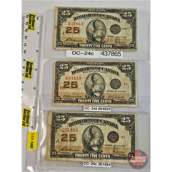 Dominion of Canada Twenty Five Cent 1923 "Shinplaster" (3) : ~ McCavour/Saunders #361884 ~ Campbell/