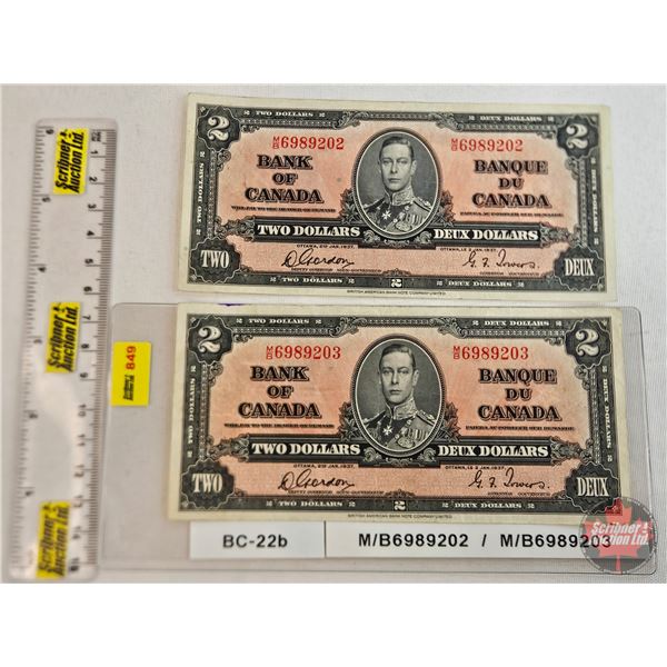 Bank of Canada $2 Bill 1937 (2 Consecutive) : Gordon/Towers #MB6989202-203