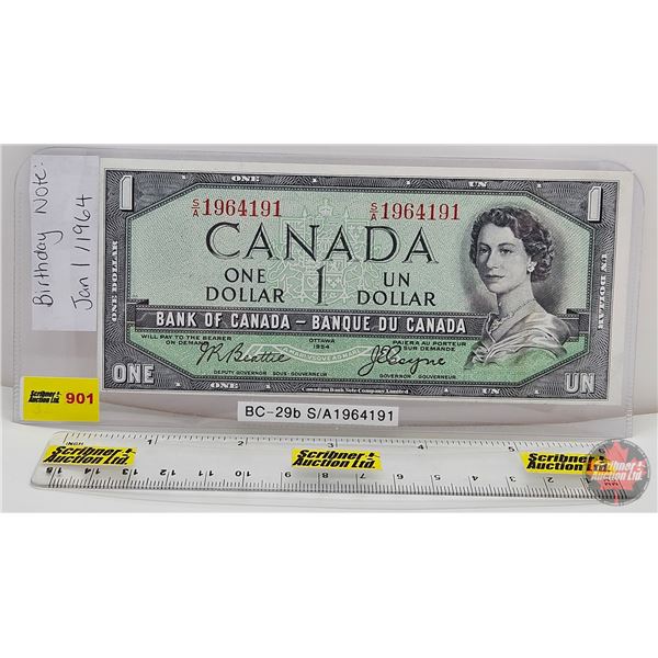 Canada $1 Bill 1954DF "Devil's Face" : Beattie/Coyne #SA1964191 (Birthday Note : Jan 1/1964)