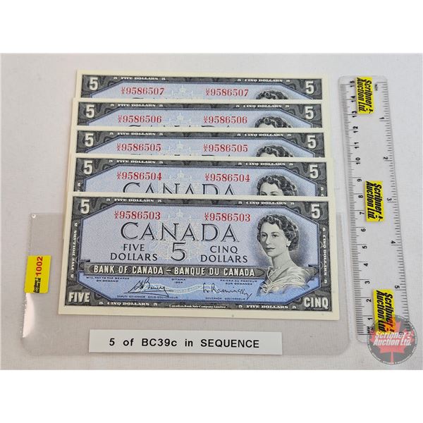 Canada $5 Bills 1954 (5 Consecutive) : Bouey/Rasminsky #UX9586503-6507