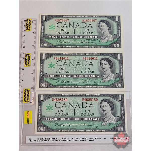Canada $1 Bills 1967 (3): ~ Beattie/Rasminsky #HP4698180 ~ Beattie/Rasminsky #GP4914011 ~ Beattie/Ra