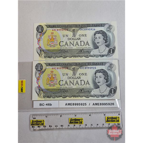 Canada $1 Bills 1973 (2 Consecutive) : Crow/Bouey #AME8995925-5926