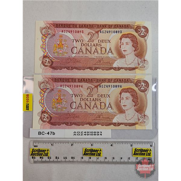 Canada $2 Bills 1974 (2 Consecutive) : Crow/Bouey #AGZ4910893-894
